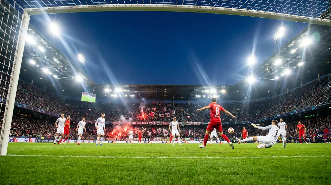 Voetbalstadion tijdens een live wedstrijd met scorebord en toeschouwers op de tribune