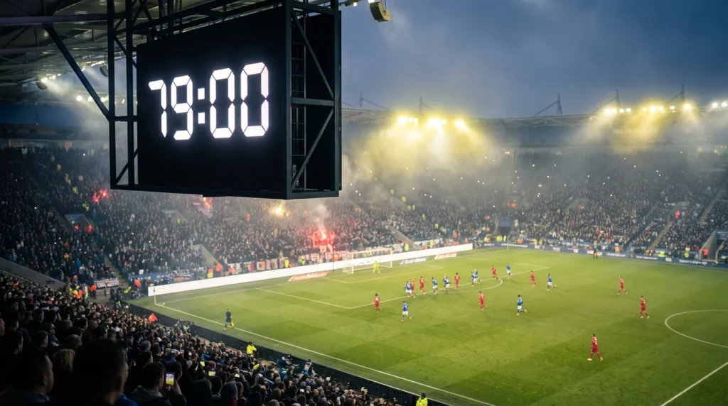 Stadionklok die de 79e minuut toont tijdens een avondwedstrijd met spelers op het verlichte voetbalveld