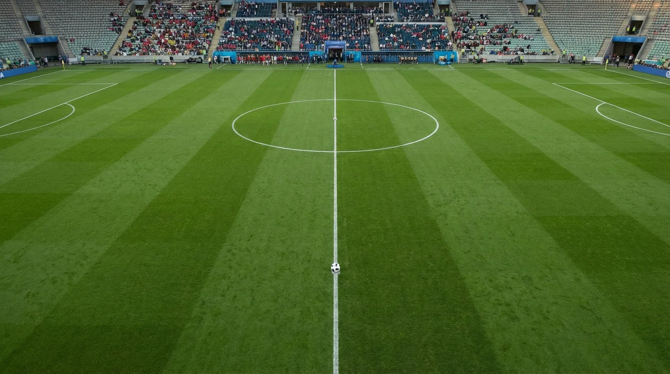 Close-up van een voetbalveld met krijtlijnen en een bal op de middenstip bij daglicht