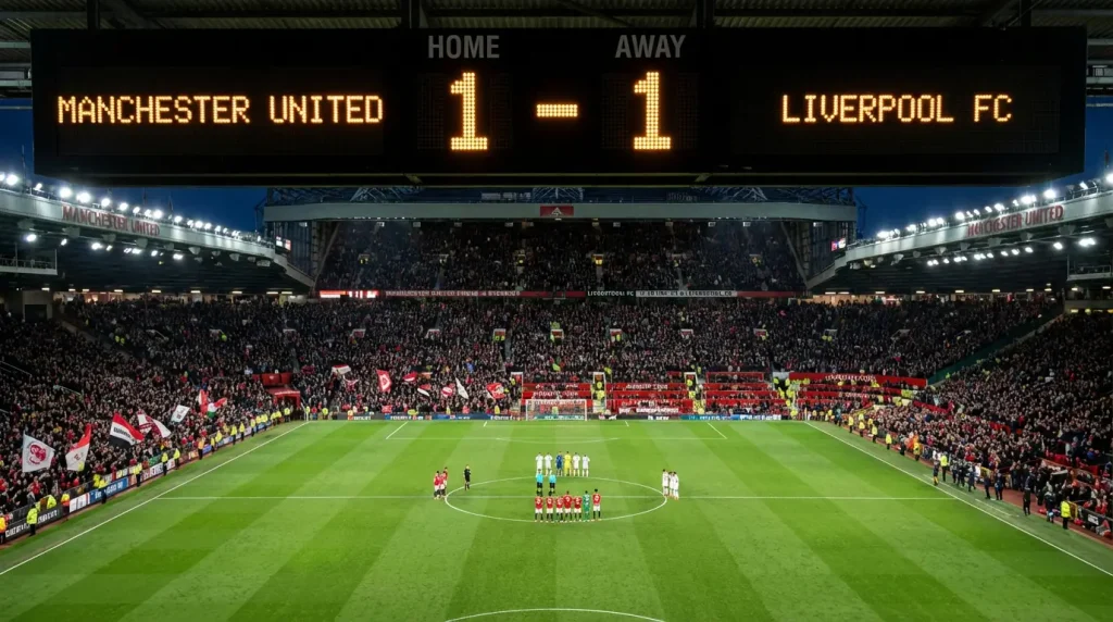 Scorebord in een voetbalstadion dat een gelijkspelstand toont met twee teams op het veld