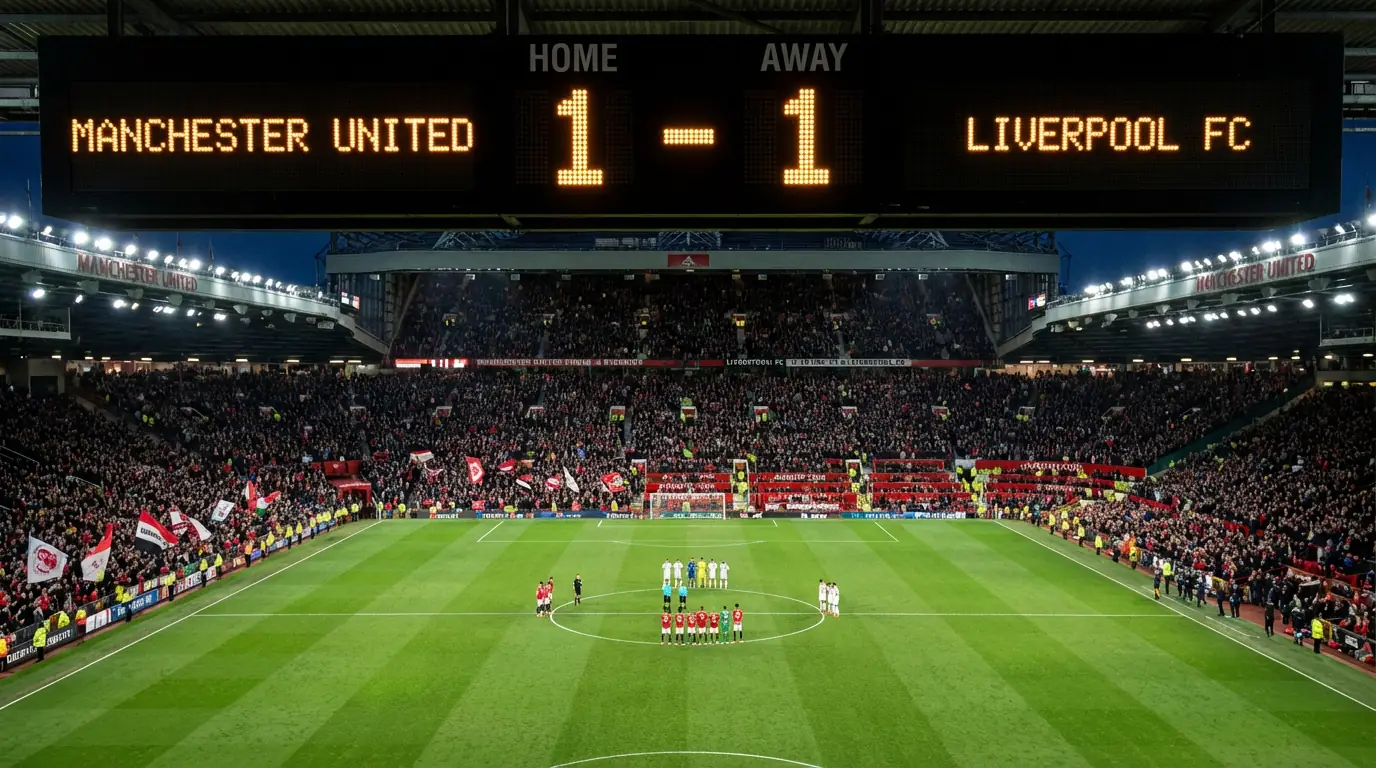 Scorebord in een voetbalstadion dat een gelijkspelstand toont met twee teams op het veld
