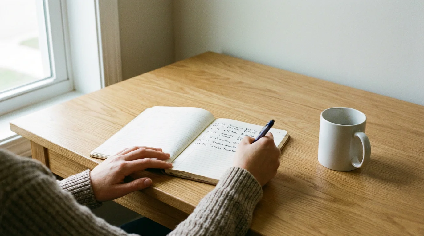 Persoon die een financieel overzicht bijhoudt in een notitieboekje met een pen en een kop koffie op tafel