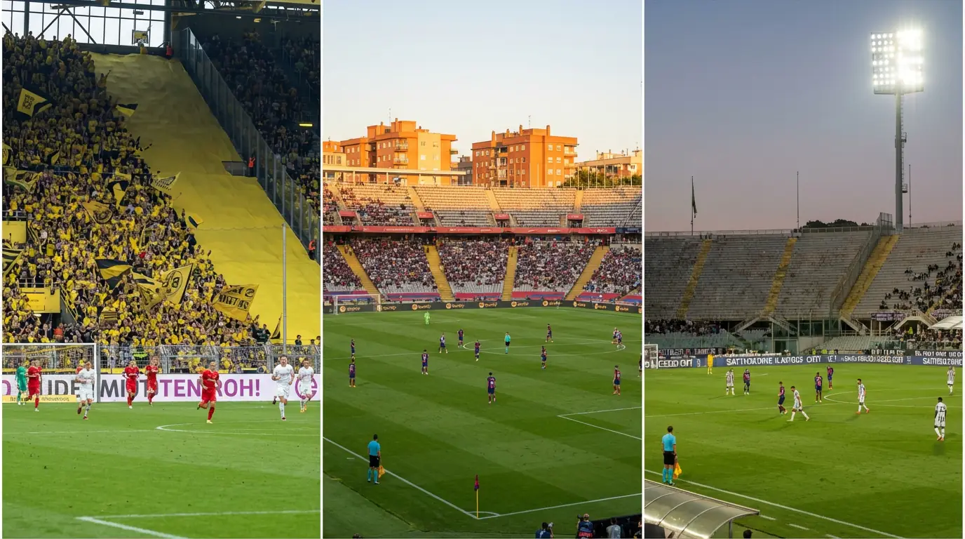 Drie verschillende voetbalstadions naast elkaar die Europese topcompetities vertegenwoordigen