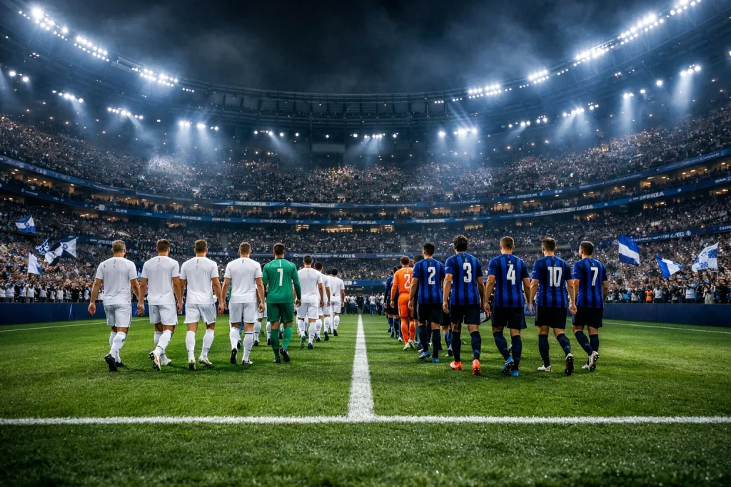 Voetbalstadion bij avond met felle verlichting en twee teams die het veld opkomen voor een Europese wedstrijd