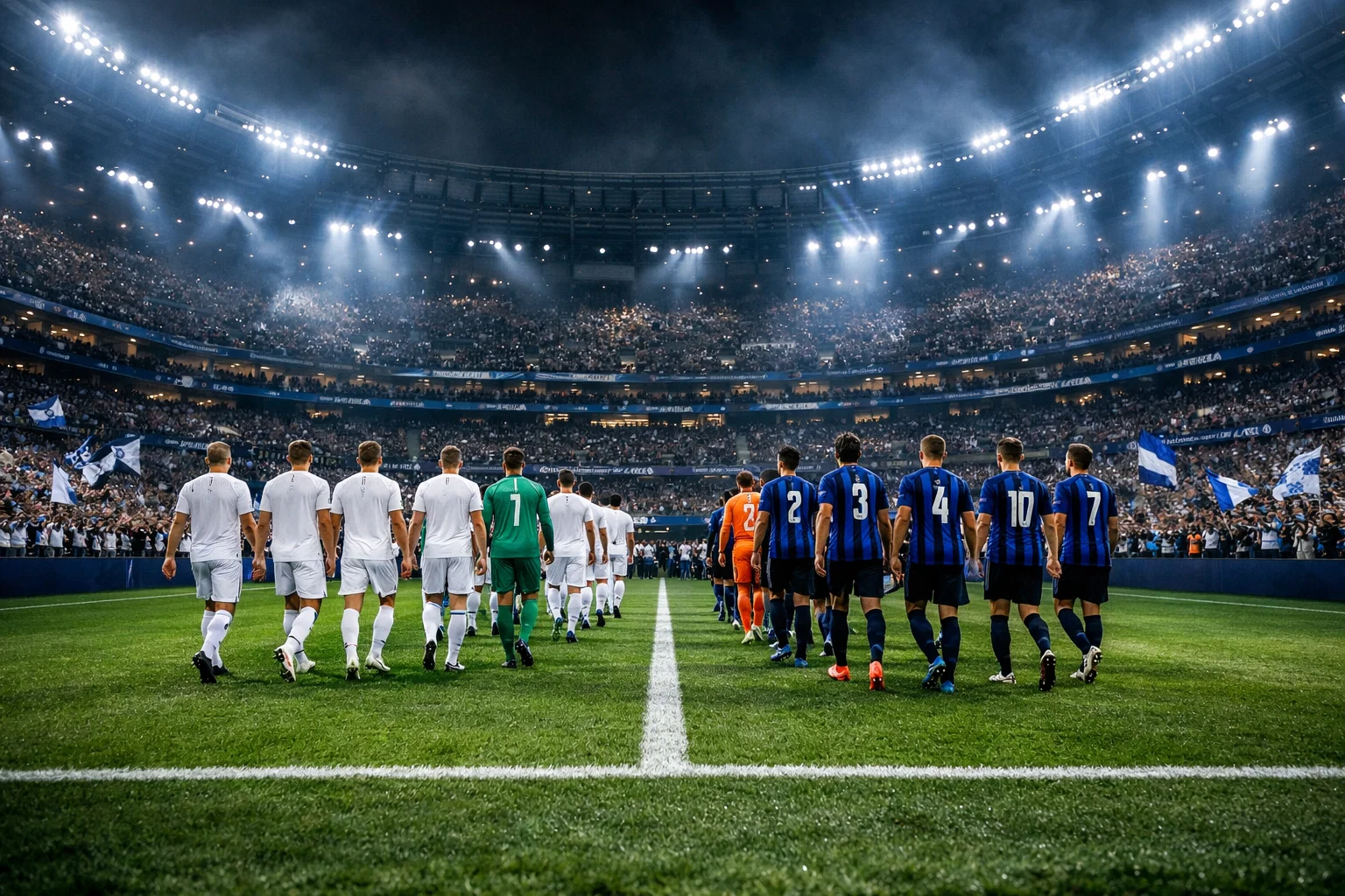 Voetbalstadion bij avond met felle verlichting en twee teams die het veld opkomen voor een Europese wedstrijd