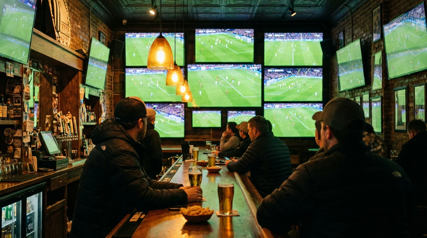 Meerdere voetbalvelden zichtbaar op schermen naast elkaar in een sportsbar bij avondlicht