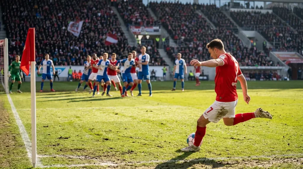 Voetbalspeler die een hoekschop neemt op een groen veld met toeschouwers op de achtergrond
