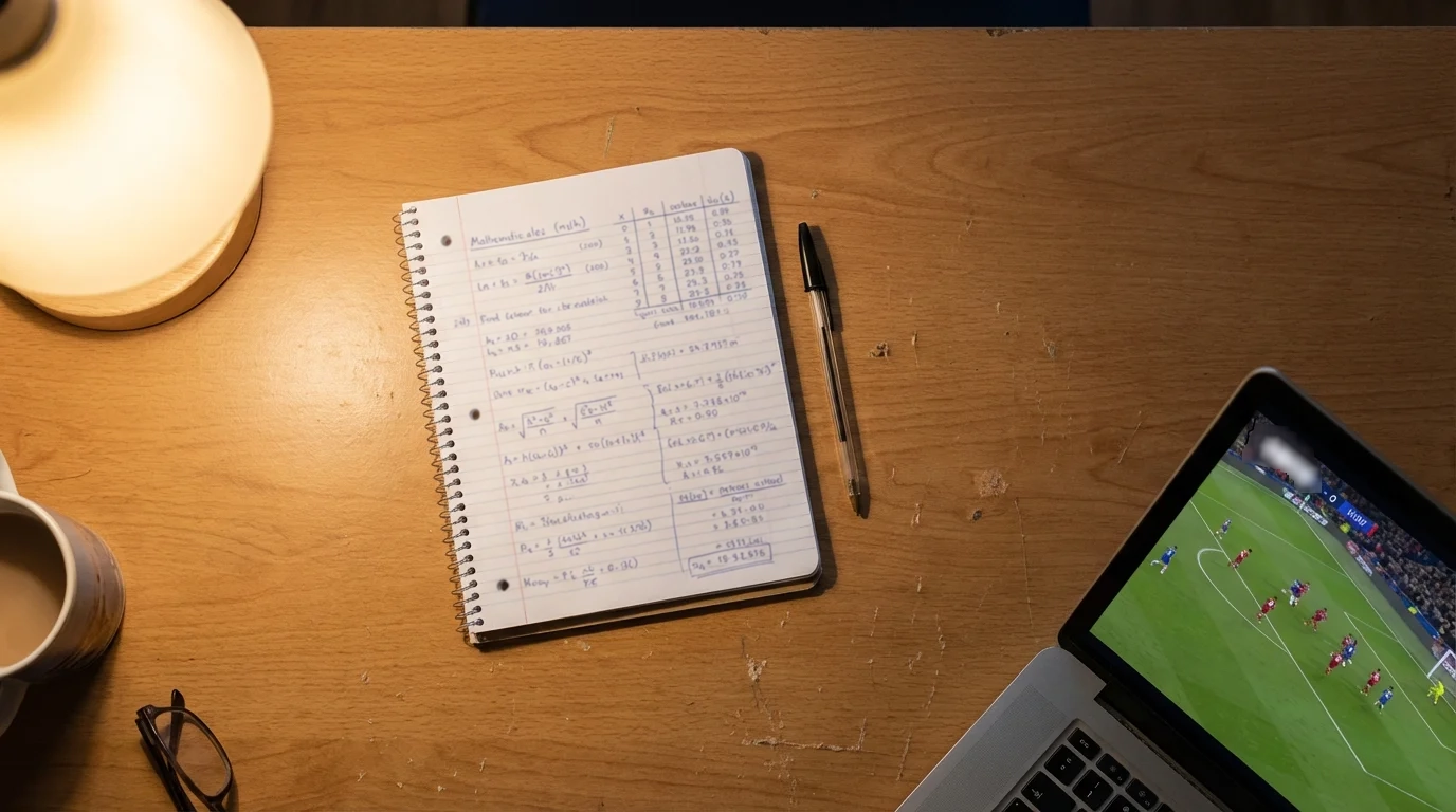 Notitieboekje met pen op een bureau naast een laptop waarop een voetbalwedstrijd te zien is