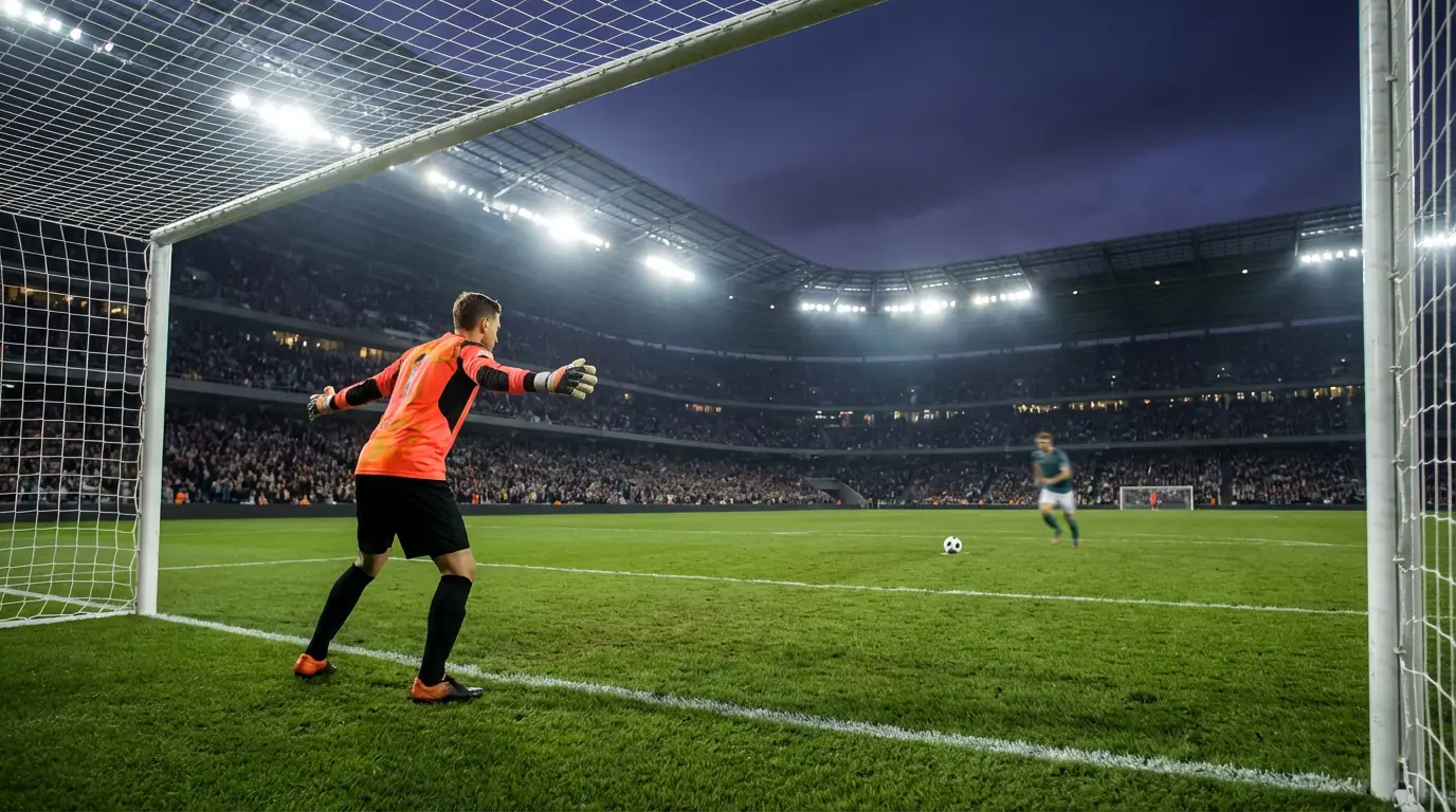 Voetbalkeeper die zich klaarmaakt voor een redding bij een strafschop in een groot stadion