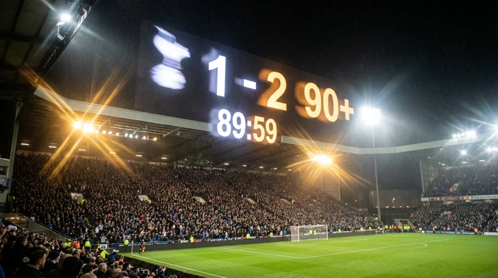 Close-up van een stadionscherm met veranderende cijfers tijdens een live voetbalwedstrijd bij avondlicht