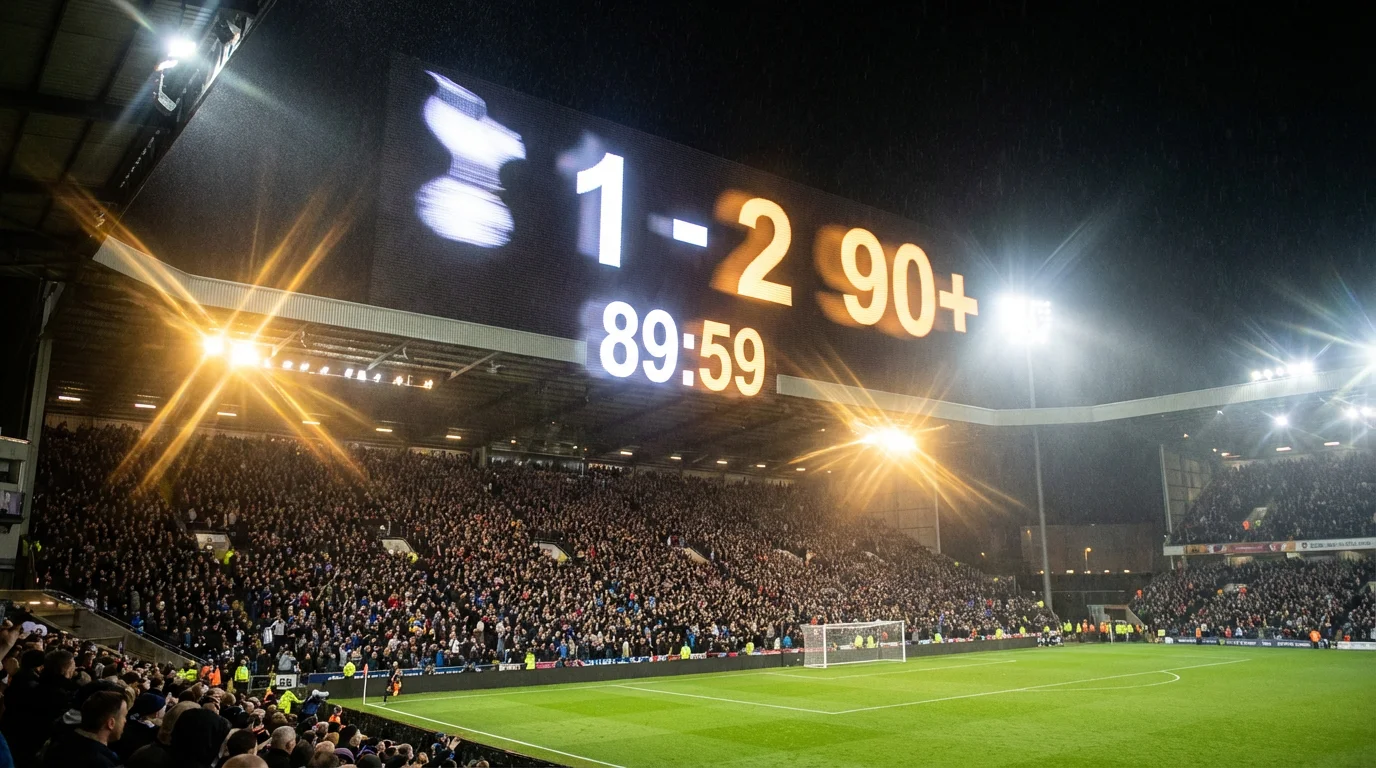 Close-up van een stadionscherm met veranderende cijfers tijdens een live voetbalwedstrijd bij avondlicht