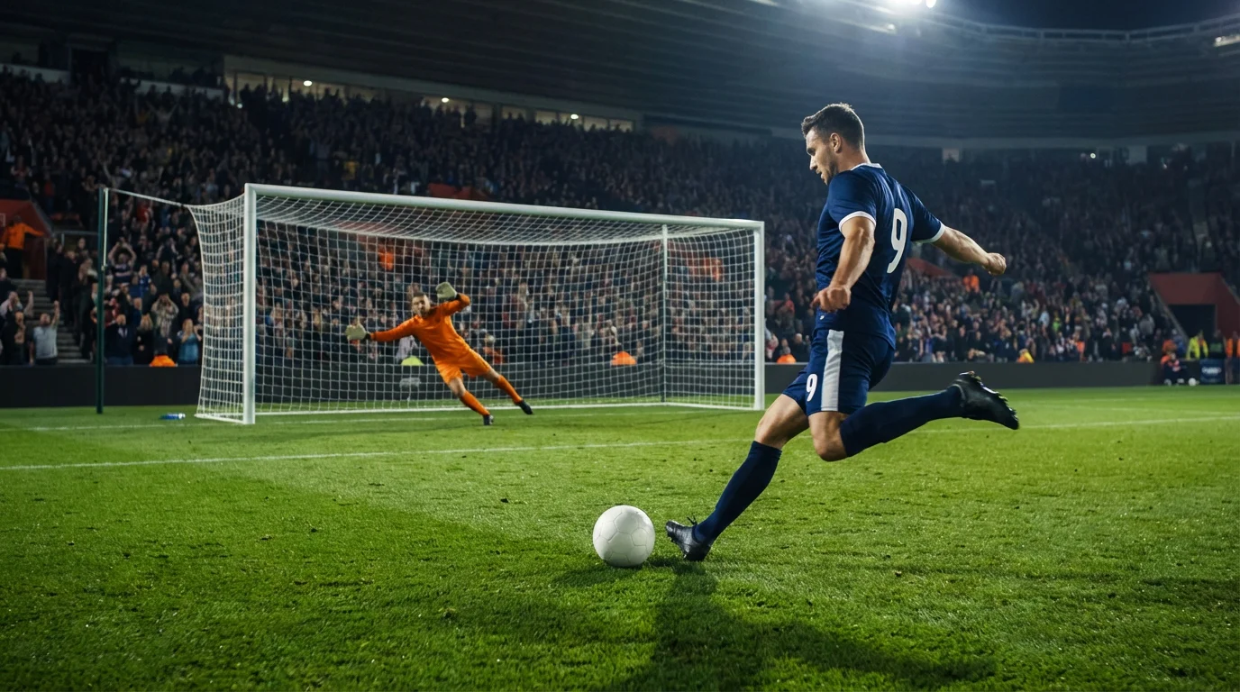 Voetbalspeler die een schot lost richting het doel op een groen veld onder stadionverlichting