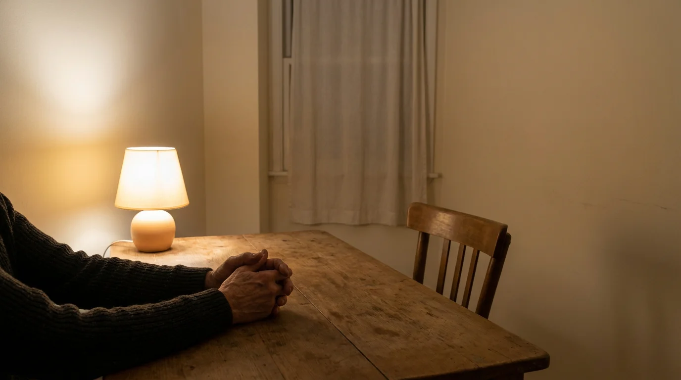 Persoon die alleen aan een tafel zit met gevouwen handen in een rustige kamer met zacht licht
