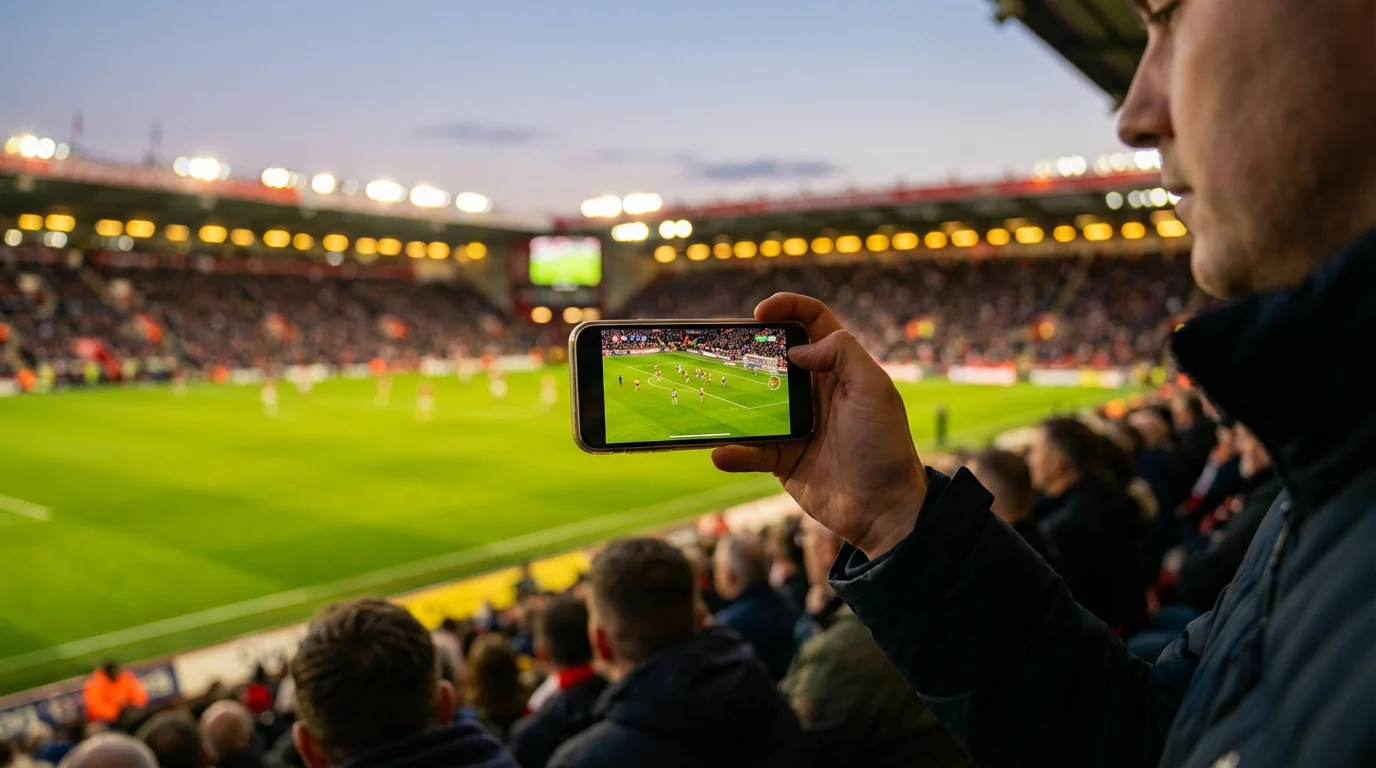Persoon die op een smartphone een live voetbalwedstrijd volgt in een stadion op de achtergrond