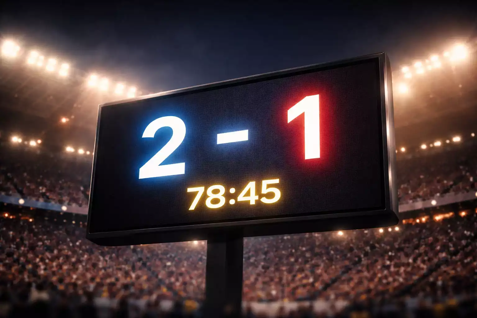 Scorebord in voetbalstadion tijdens wedstrijd