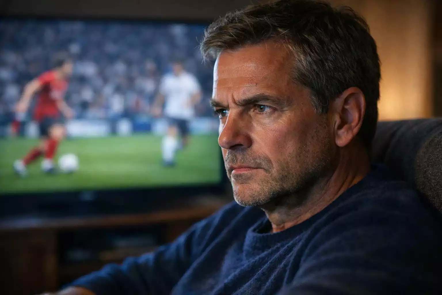 Geconcentreerde man kijkt naar voetbalwedstrijd op scherm