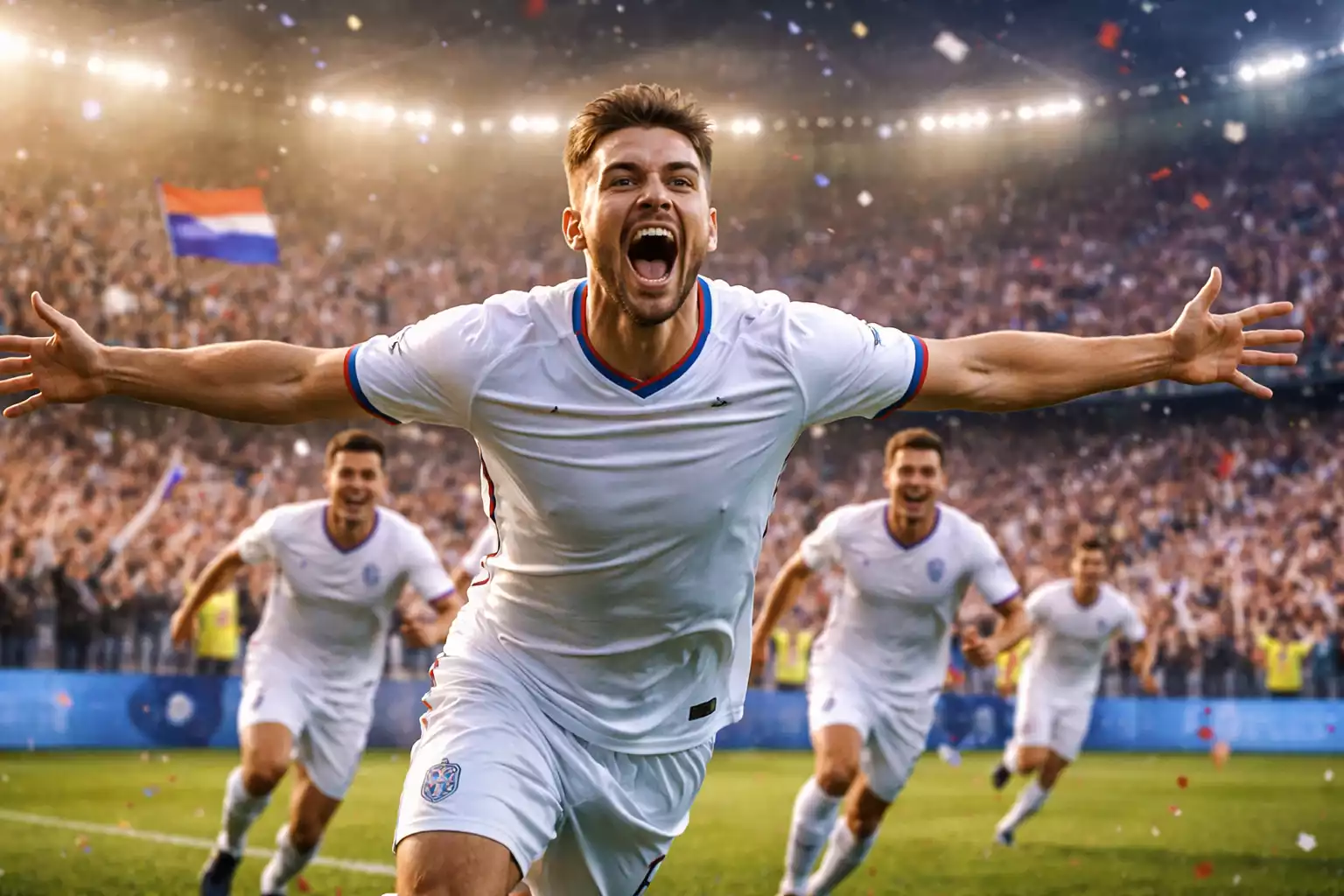 Voetballer viert doelpunt met teamgenoten