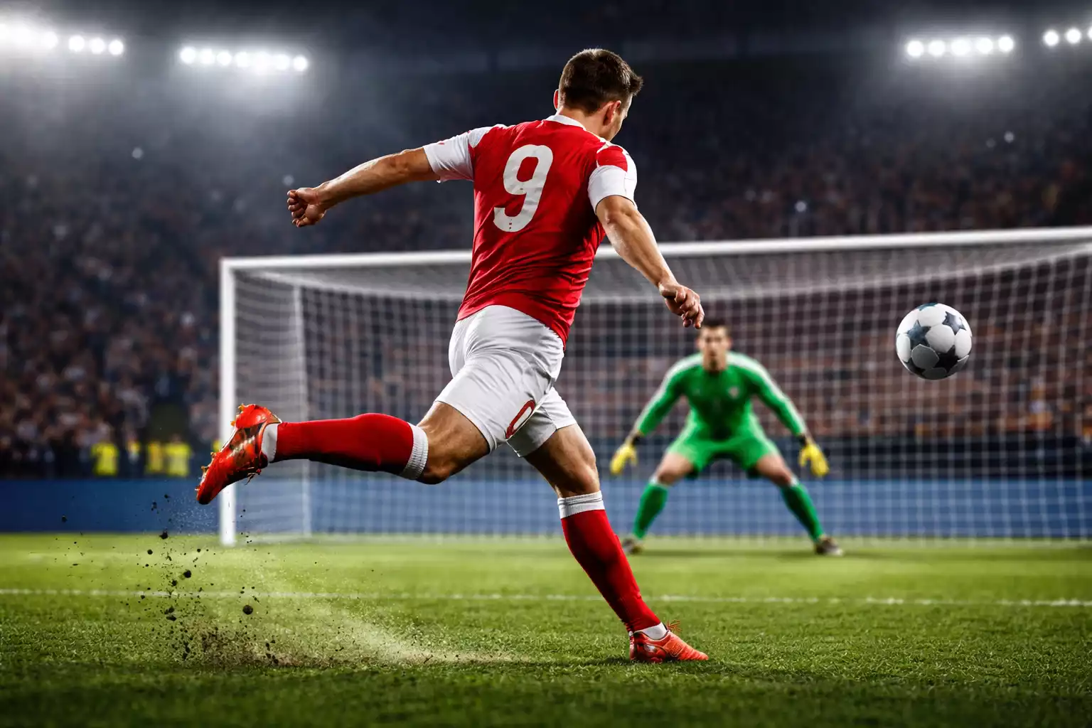 Spits schiet op doel tijdens voetbalwedstrijd