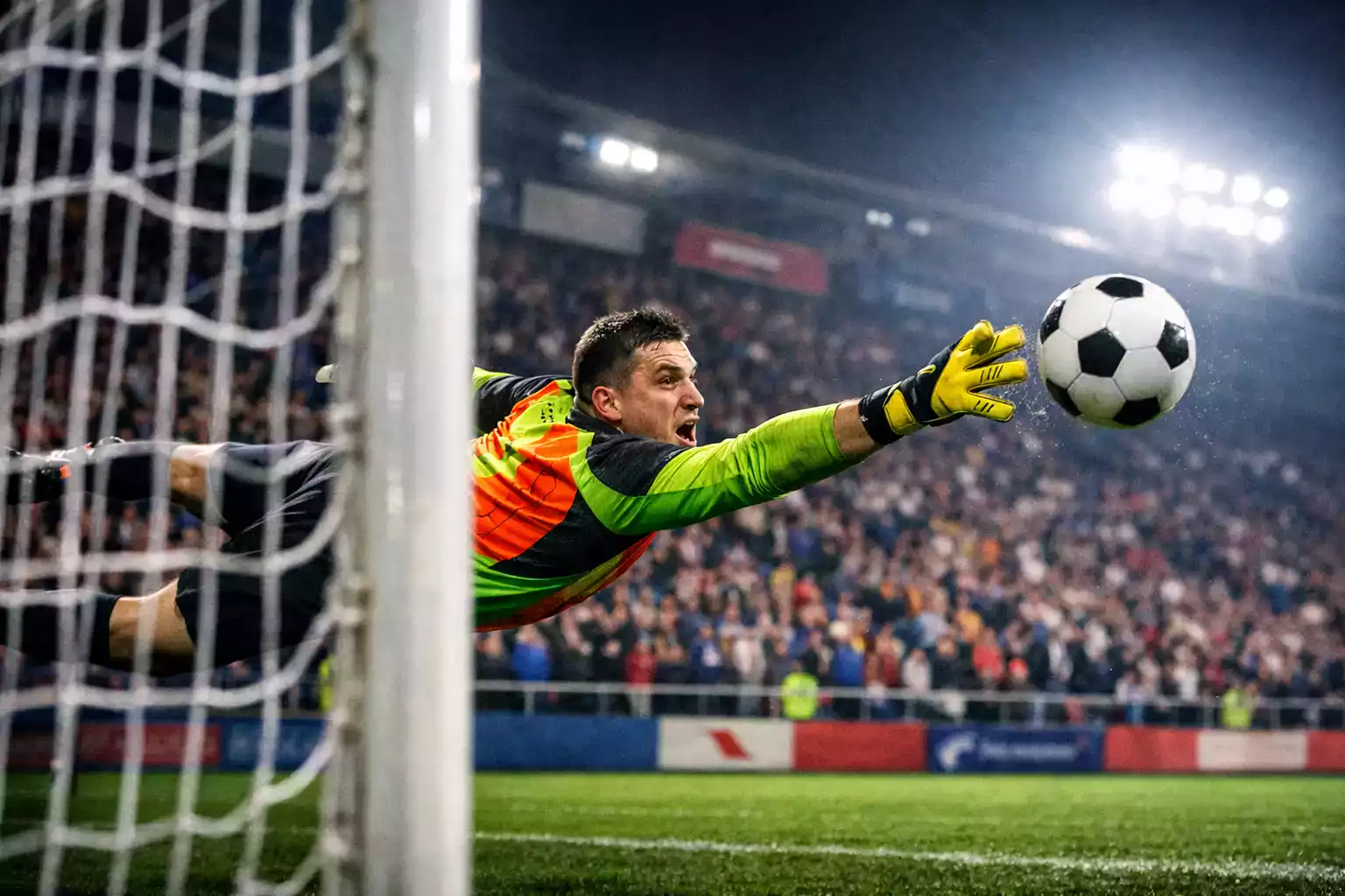 Doelwachter probeert bal te stoppen bij doelpunt