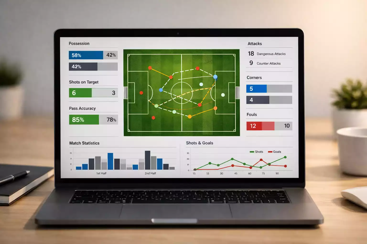Laptop scherm met live voetbalstatistieken