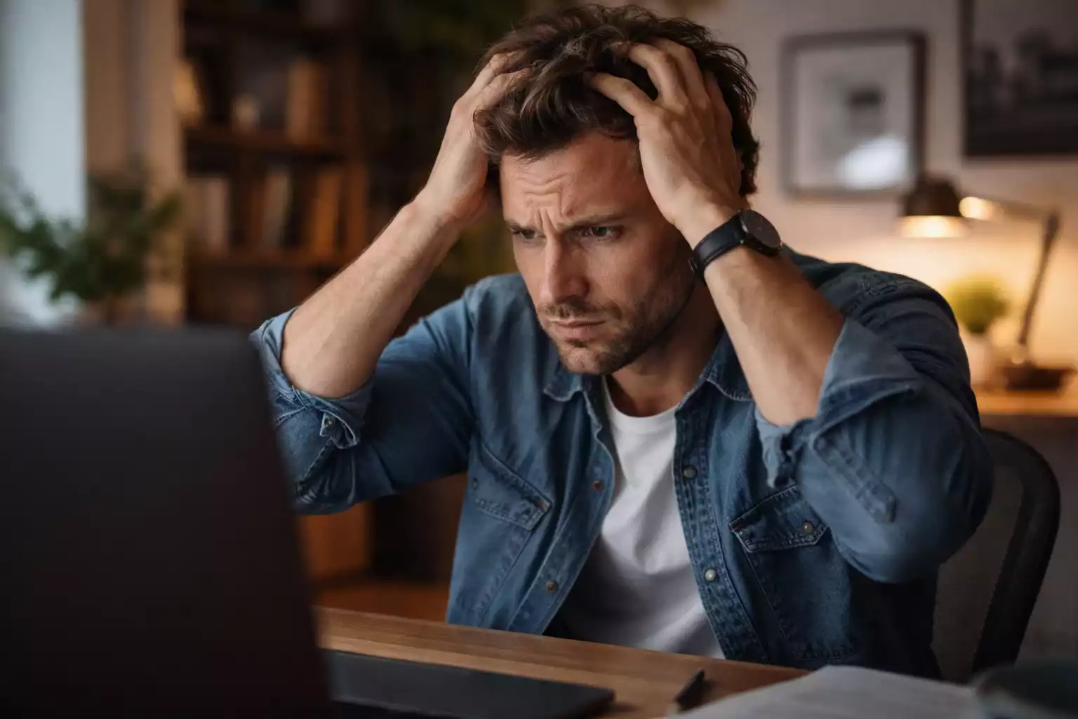 Gefrustreerde persoon houdt hoofd in handen voor scherm