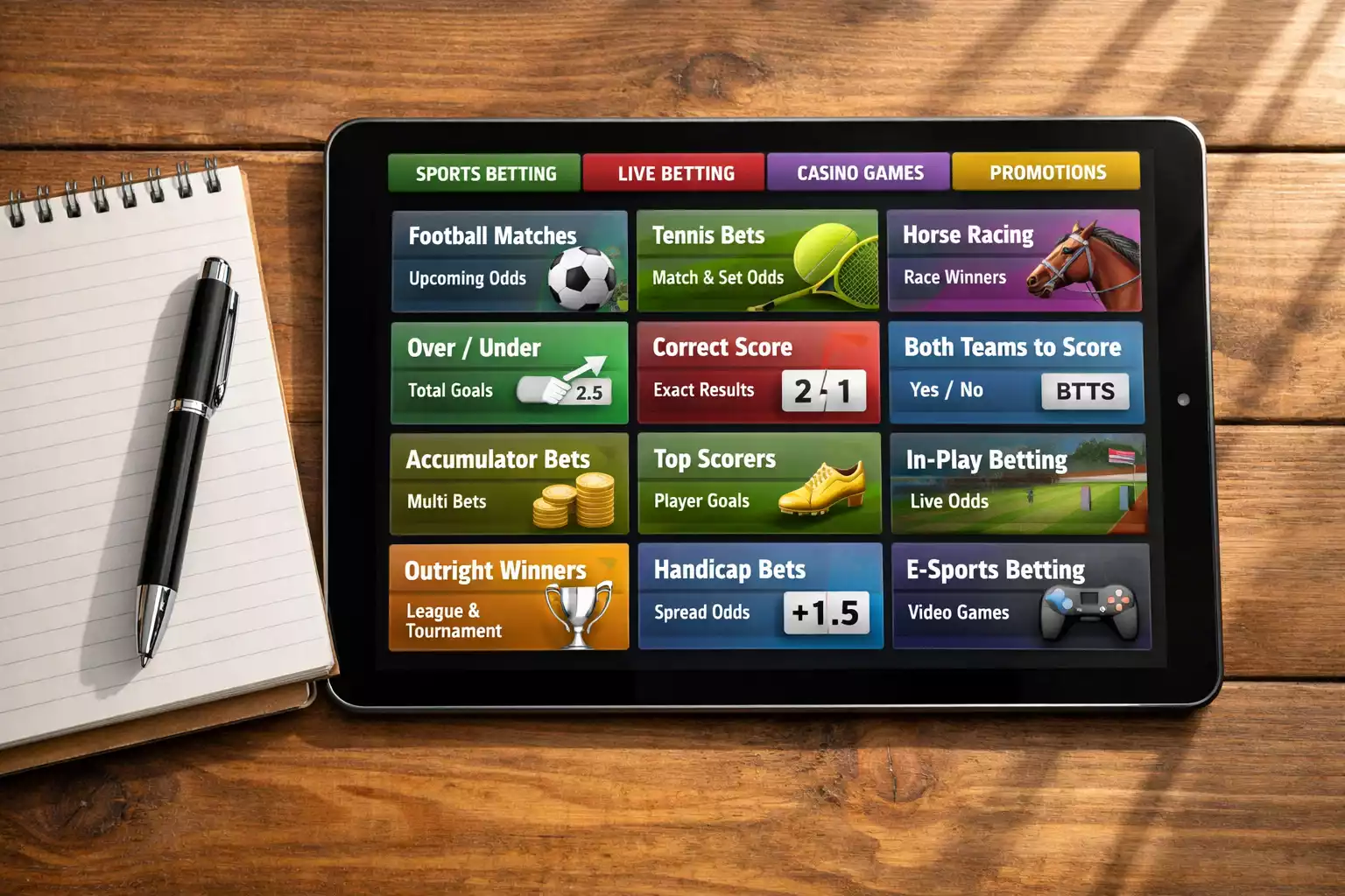 Tablet met verschillende wedopties op scherm