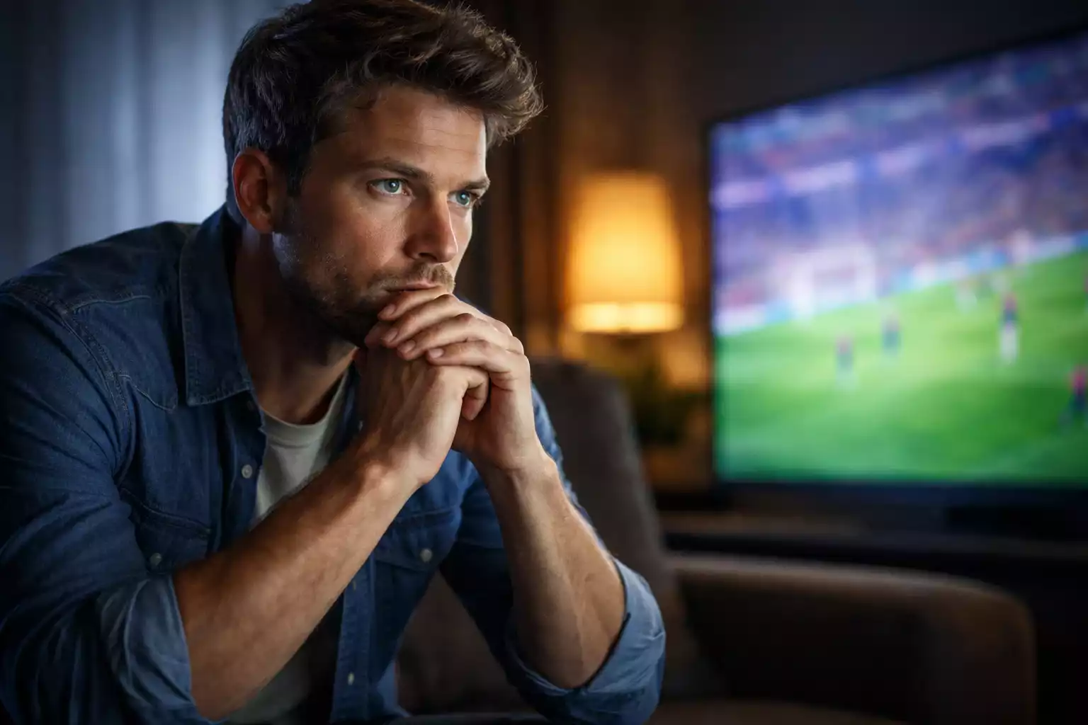 Man kijkt geconcentreerd naar voetbalwedstrijd op TV