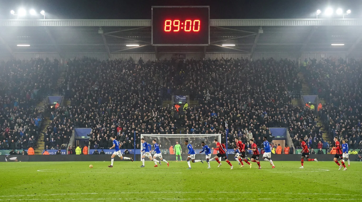 Voetbalklok die de 89e minuut toont met spelers die aanvallen in de slotfase van de wedstrijd