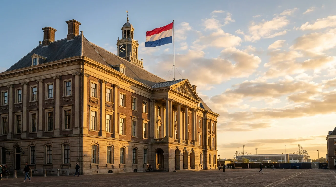 Nederlands overheidsgebouw met de Nederlandse vlag en een voetbalstadion zichtbaar op de achtergrond