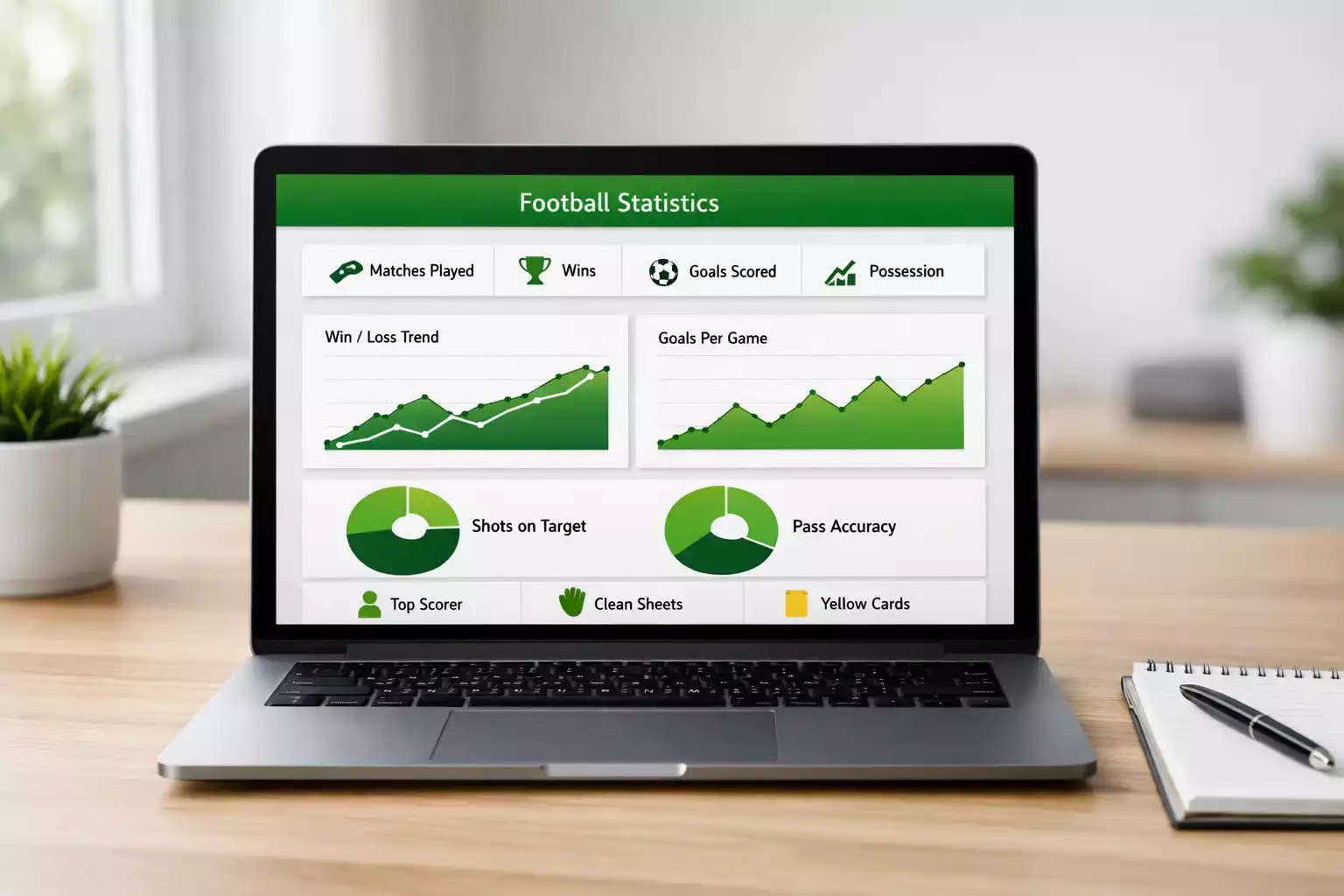 Laptop scherm toont live voetbalstatistieken en grafieken