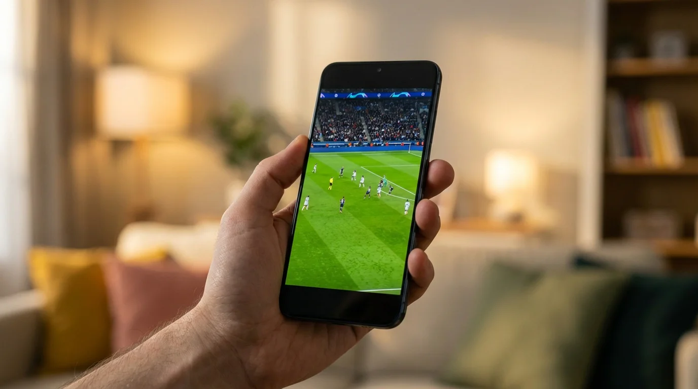 Smartphone in een hand die een live voetbalwedstrijd streamt met een stadion wazig op de achtergrond