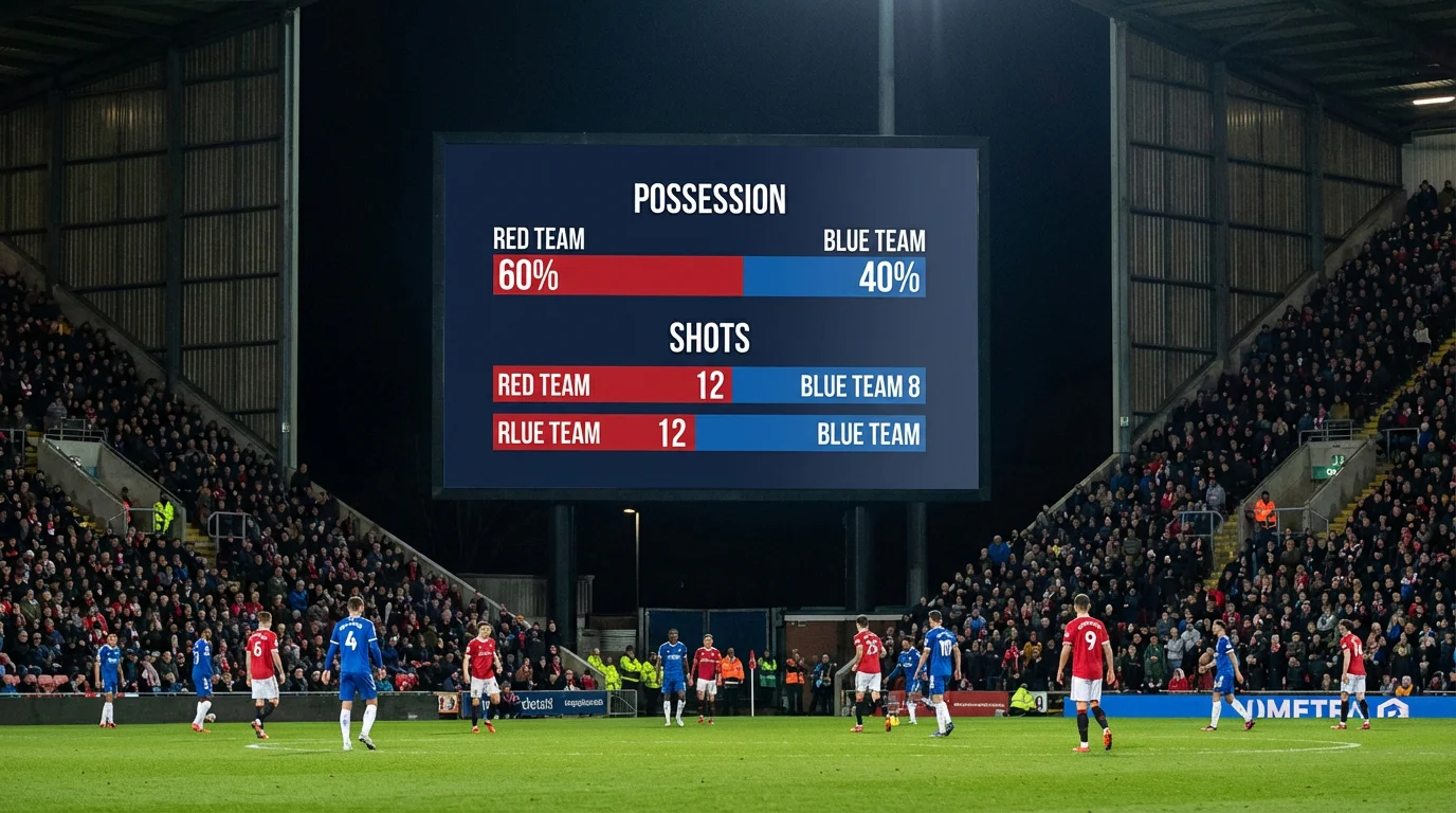 Groot stadionscherm dat wedstrijdstatistieken toont tijdens een live voetbalwedstrijd bij avondlicht