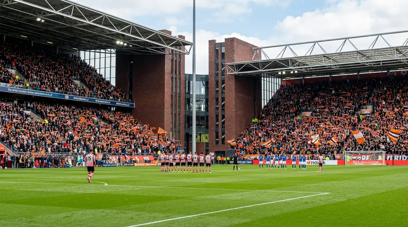 Nederlands voetbalstadion met groene grasmat en volle tribunes tijdens een Eredivisie-wedstrijd