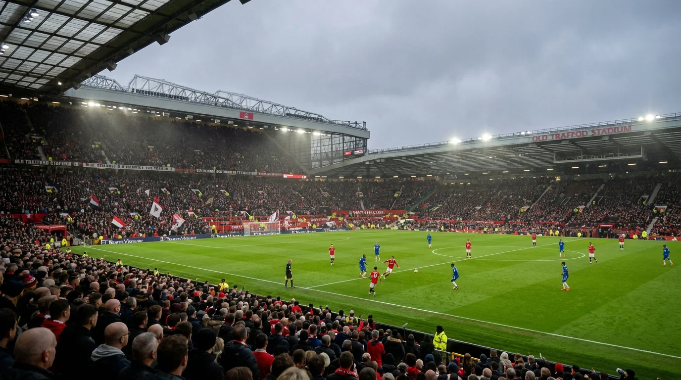 Voetbalwedstrijd in een groot Engels stadion met groene grasmat en intense sfeer op de tribunes