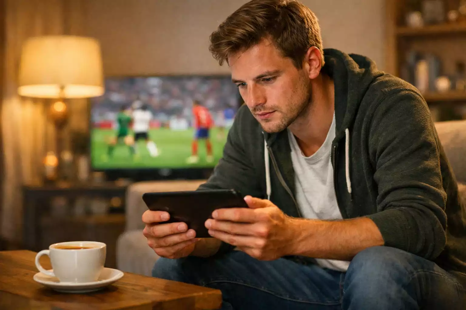 Voetbalfan kijkt geconcentreerd naar wedstrijd op tablet