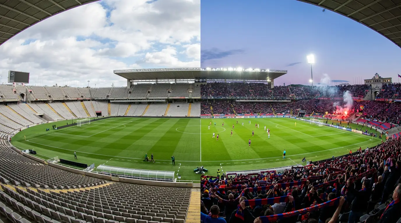 Gesplitst beeld van een leeg voetbalstadion voor de wedstrijd en een vol stadion tijdens een live wedstrijd