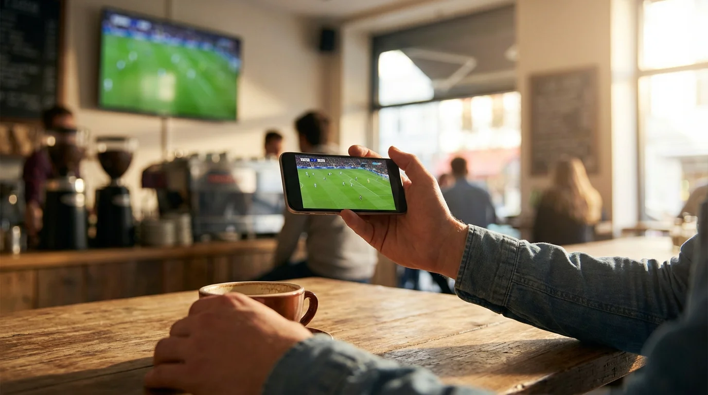 Hand die een smartphone vasthoudt met een live voetbalwedstrijd op het scherm in een café