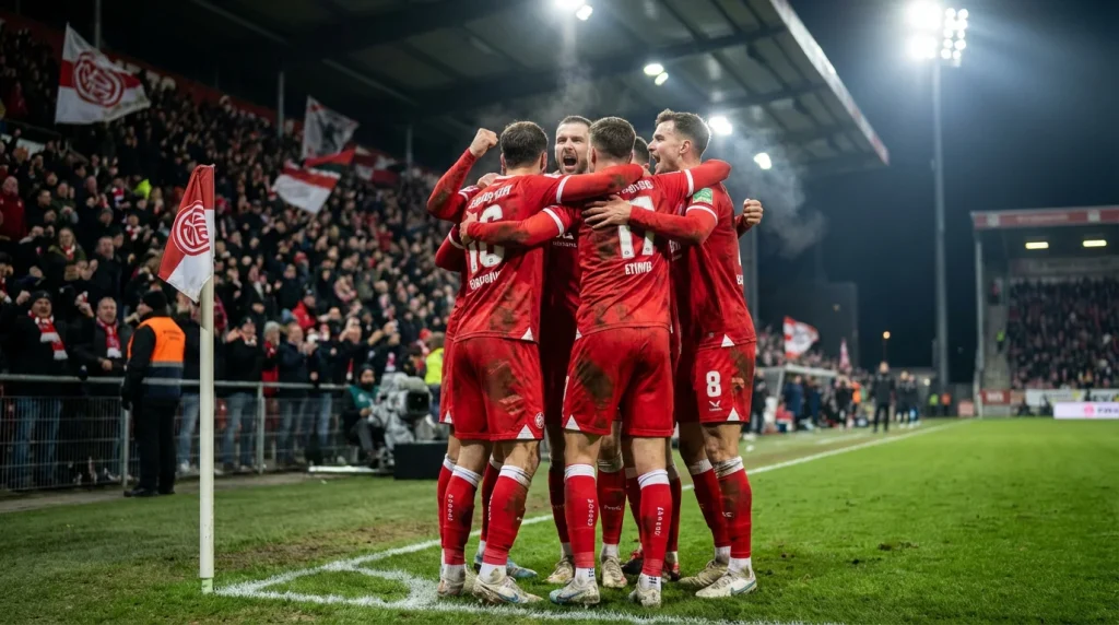 Voetbalteam dat juichend samenkomt na een doelpunt op het veld onder de stadionlichten