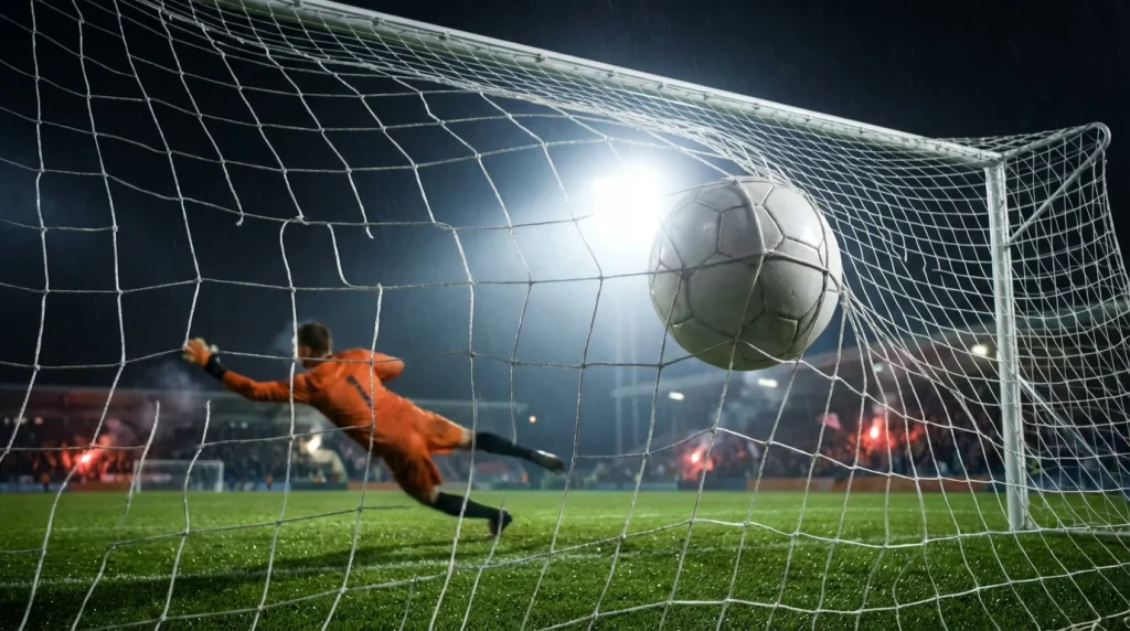 Voetbal die het net raakt bij een doelpunt in een verlicht stadion tijdens een avondwedstrijd