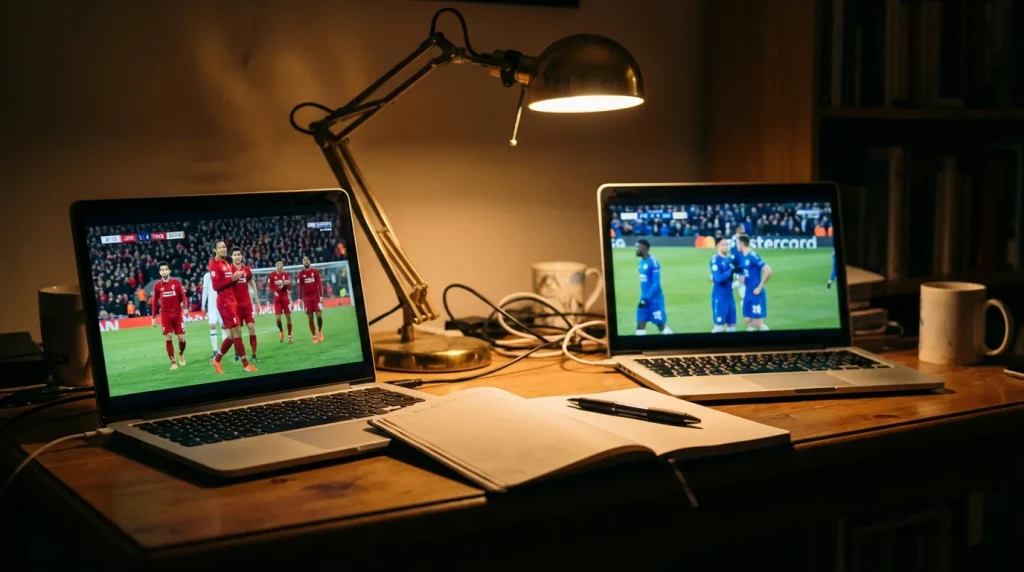 Twee laptopschermen naast elkaar met verschillende voetbalwedstrijden op een bureau bij avondlicht