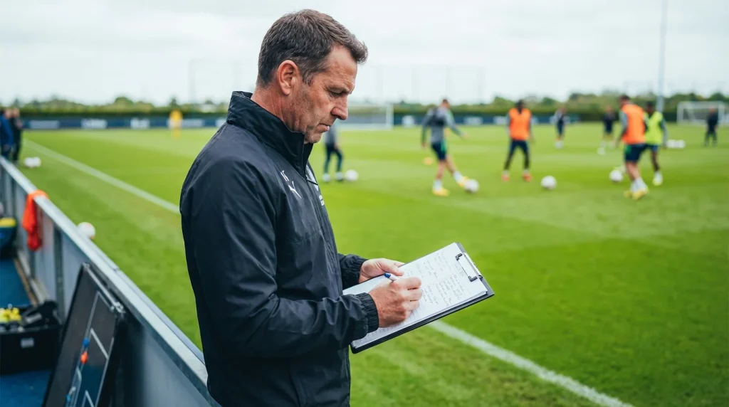 Voetbalanalist die aantekeningen maakt op een klembord langs de zijlijn van een voetbalveld