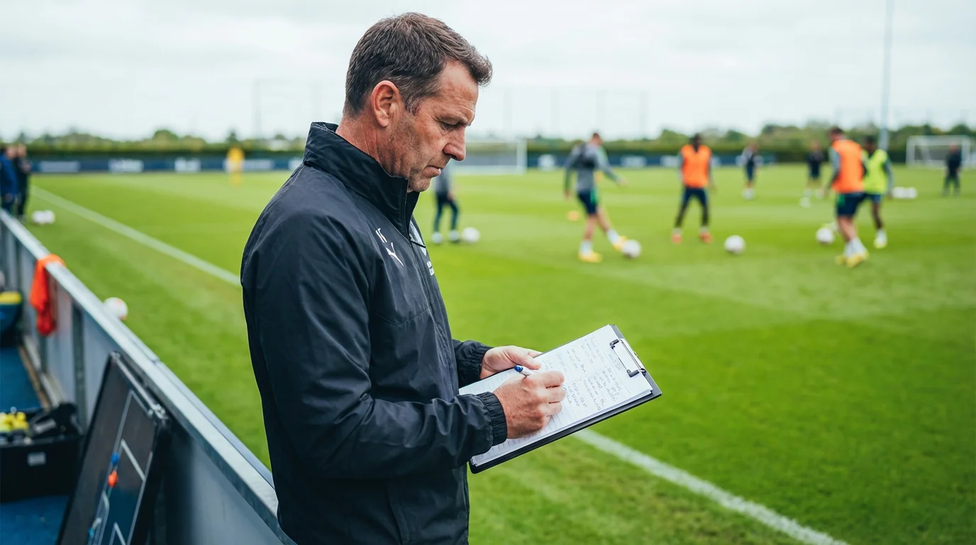 Voetbalanalist die aantekeningen maakt op een klembord langs de zijlijn van een voetbalveld
