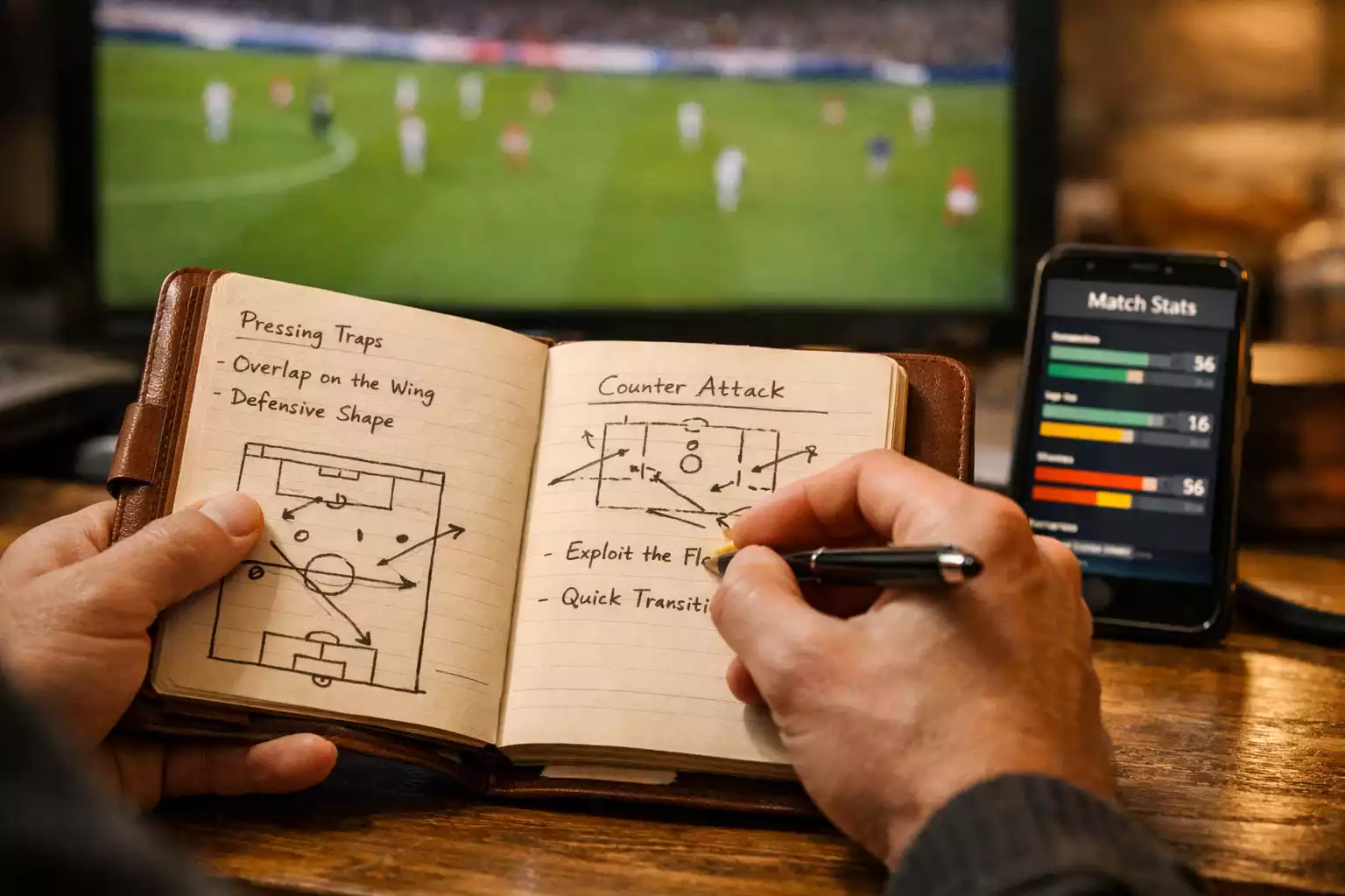 Persoon maakt aantekeningen tijdens het bekijken van voetbalwedstrijd