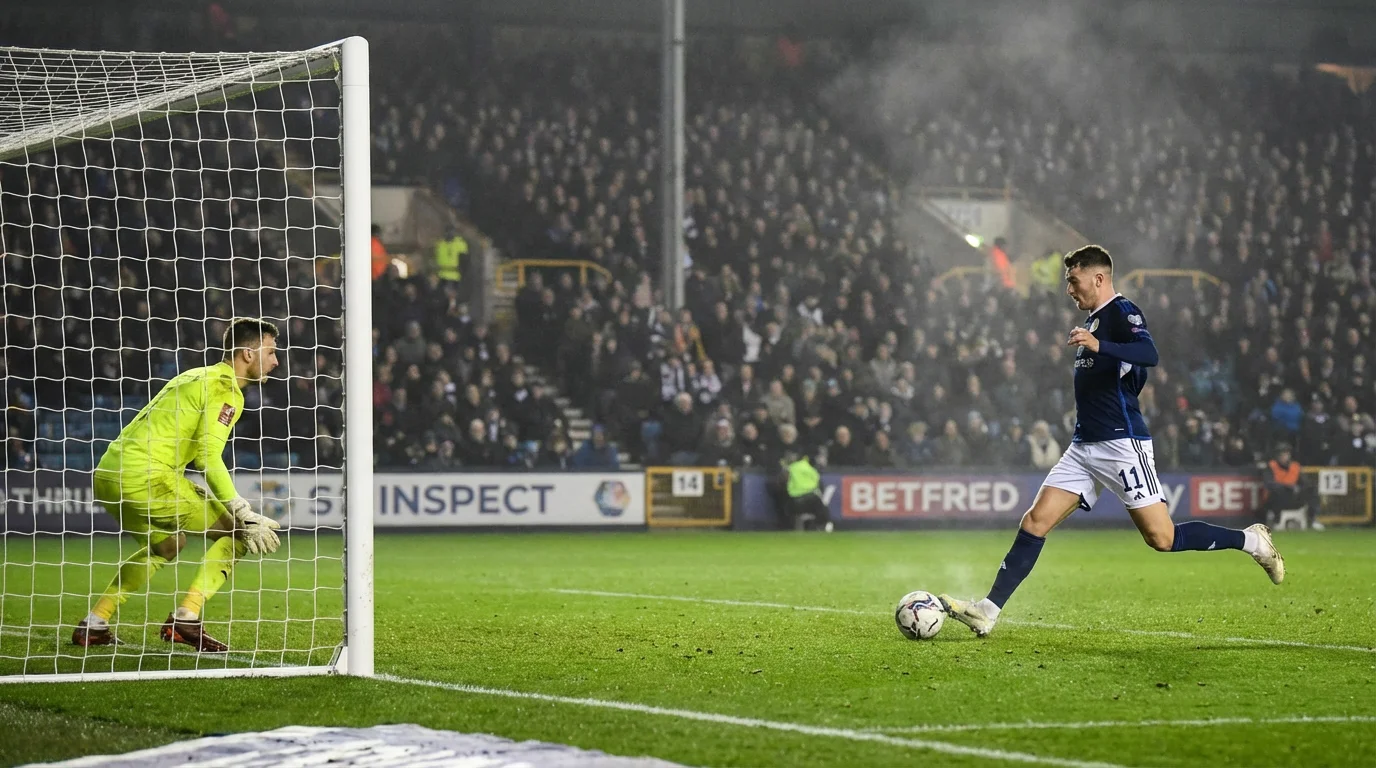 Voetbalspeler die een schot op doel lost in een vol stadion tijdens een spannend moment